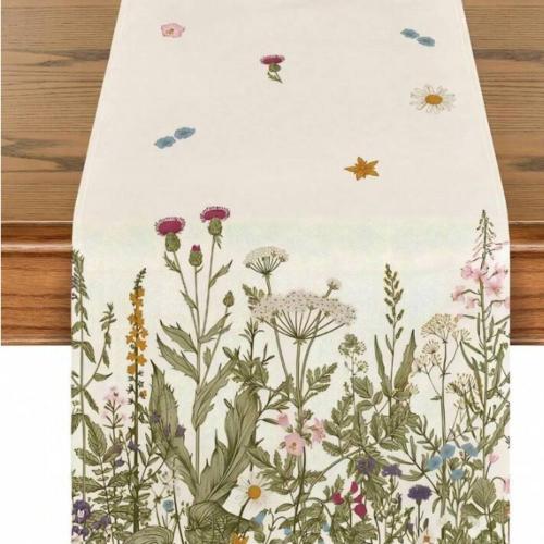Long tablecloth runner with wild spring flower des...