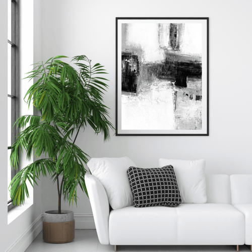 لوحة طباعة طولية تجريدية تداخلات الأبيض والأسود