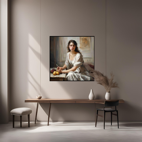 لوحة طباعة لامرأة هادئة مع فواكه