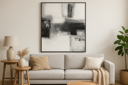 لوحة طباعة طولية تجريدية تداخلات الأبيض والأسود