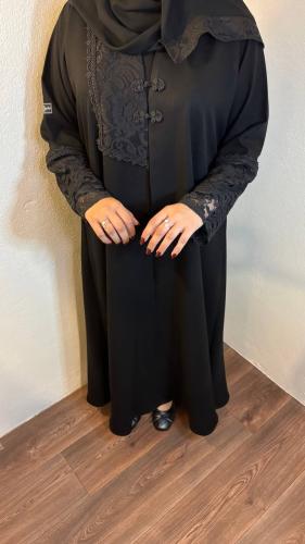 Black abaya with classic lace embroidery and Chinese buttons (external snap).