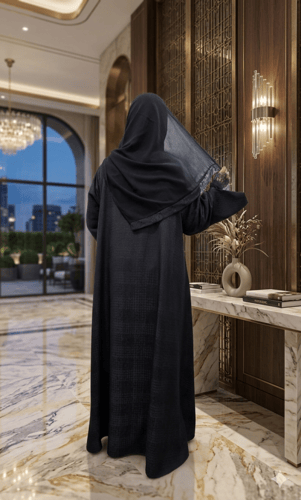 عباية سوداء قماش جاكار ثقيل مع دانتيل