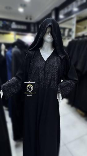 عباية سوداء قماش مستقبل كوري مع دانتيل في الصدر وا...