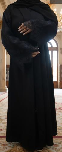 Black abaya fabric bridge with lace on the back an...