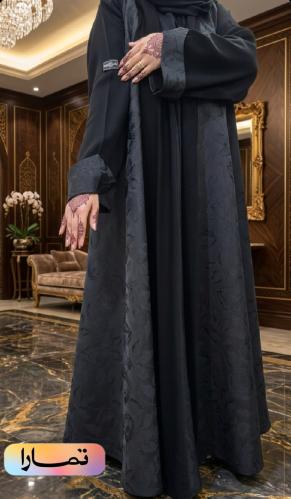 Black abaya, jacquard fabric, embroidered, full fl...
