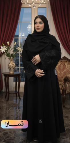 Black abaya, crepe royal fabric, with a pleated belt