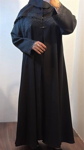 Luxury black abaya with geometric lace embroidery