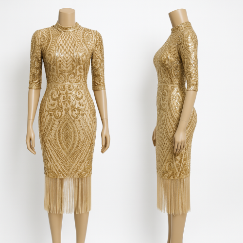 فستان سهرة ميدي لامع بالترتر الذهبي