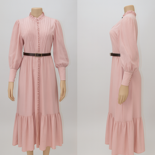 فستان بينك طويل بأزرار أمامية وأناقة جاكيت