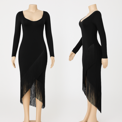 فستان سهرة أسود بكسرات شرابة