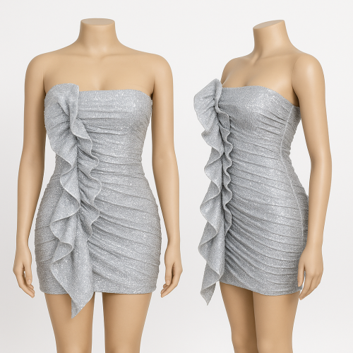 فستان سهرة ميني فضي بتصميم كشكش أمامي