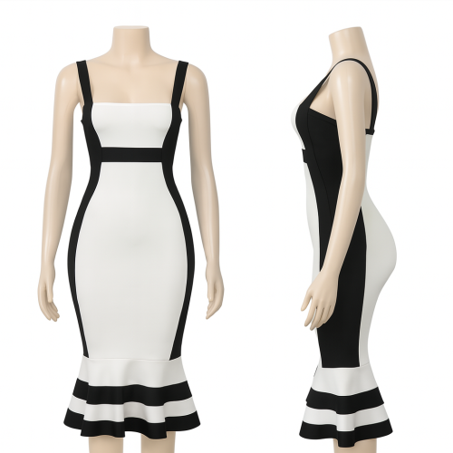 فستان سهرة أبيض وأسود بتصميم منحوت