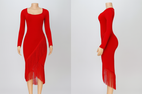 فستان سهرة أحمر بتصميم شراريب