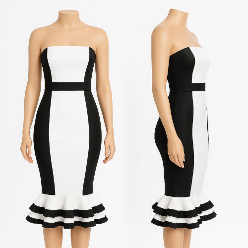 فستان سهرة مونوكروم ضيق بدون أكمام بكشكشة سفلية