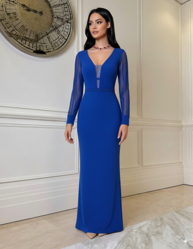 فستان سهرة أزرق مطرز بحزام خصر