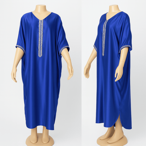 جلابية ستان طويلة بتطريز مغربي فاخر