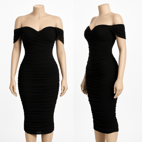 فستان سهرة درابيه أنيق بأكتاف ساقطة