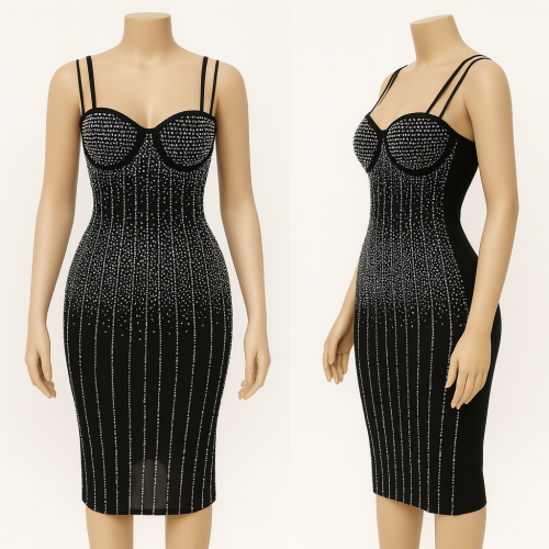 فستان سهرة قصير مرصع بالكريستال البراق