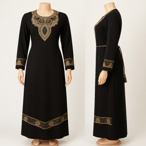 جلابية طويلة سوداء مطرَّزة بحزام وسط فخم