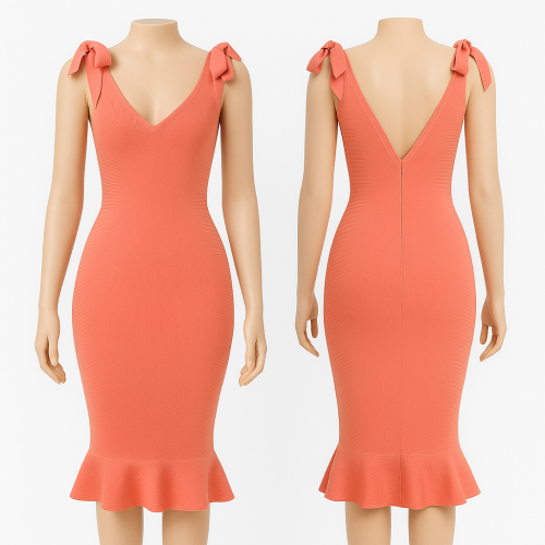 فستان سهرة مشمشي قصير بفيونكات كتف وقصة ضيقة