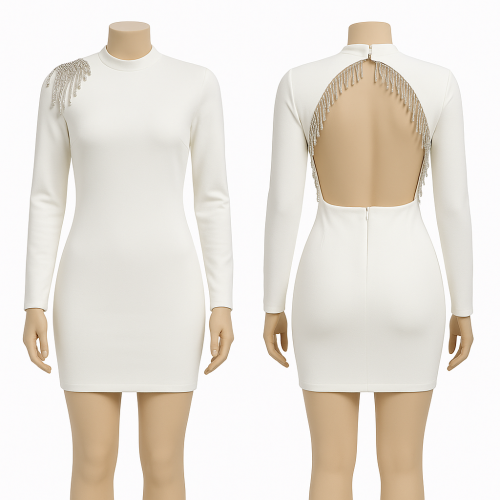 فستان سهرة قصير ناعم بفتحة ظهر كريستالية وشراشيب