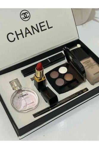 بكج شانيل 6 قطع (عطر-روج احمر-قلم حواجب-ماسكارا-با...