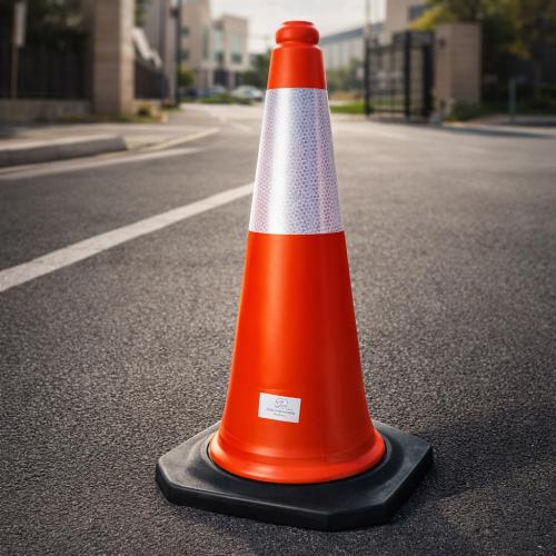 قمع مروري بلاستيك عاكس مزود بقاعدة سوداء 75 سم