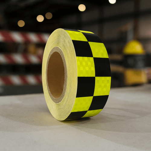 شريط تحذيري لاصق وعاكس للضوء Black Squares Yellow...