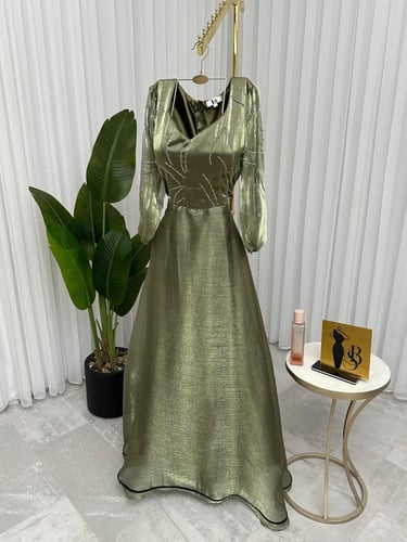 فستان لونين زيتي ورصاصي