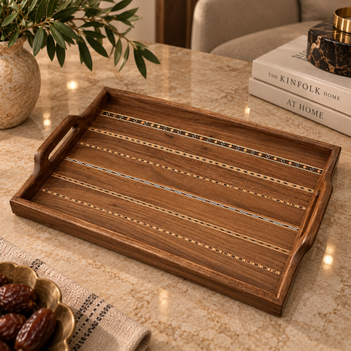 Handcrafted Wooden Serving Tray with Geometric Inl...
