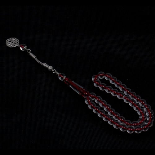 سبح بكلايت شفاف خيط عنابي 45 خرزة طربون راديوم