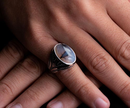 خاتم فضة عقيق مشجر عيار 925 أسترليني