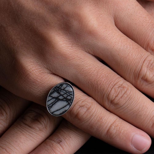 خاتم فضة ملكي أبيض بخطوط سوداء عيار 925 أسترليني