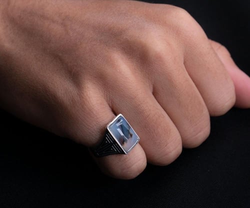 خاتم فضة عقيق مشجر مربع عيار 925 أسترليني