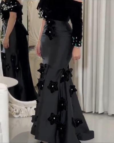 فستان سهرة خامة مخمل مع ميكادو تطريز ورود و كريستا...