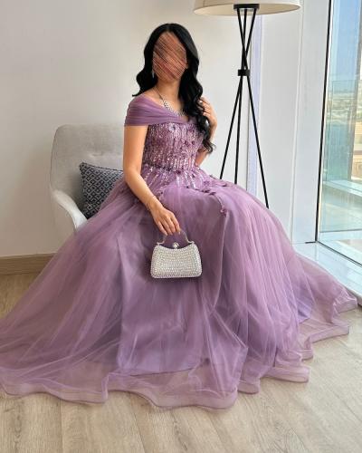 فستان سهرة انيق خامه تل كوري تطريز خرز وورود