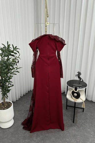 فستان لون برقندي خامه باربي مع دانتيل اصلي