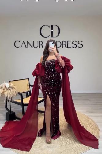 فستان سهرة فخم خامة قطيفه كوري واورجنزا مع تطريز ا...