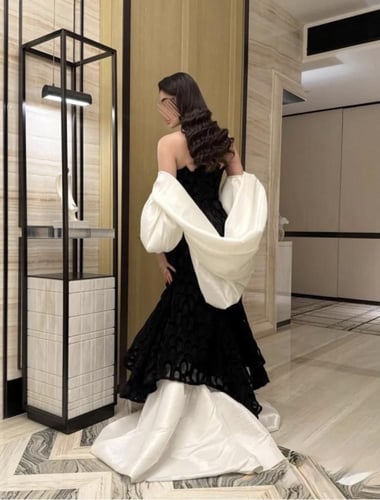 فستان سهرة بشغل راقي مع اكمام شانطون