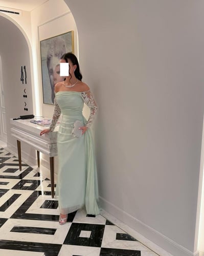 فستان سهرة جميل خامة تفته واورجنزا اكمام تل مطرز ك...