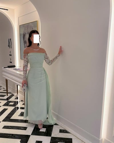 فستان سهرة جميل خامة تفته واورجنزا اكمام تل مطرز ك...