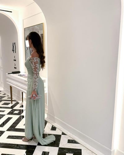 فستان سهرة جميل خامة تفته واورجنزا اكمام تل مطرز ك...