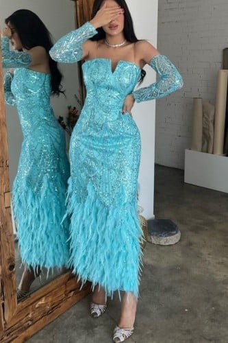 فستان ازرق ريش فخم