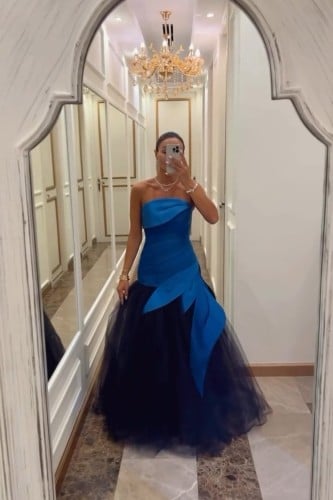 فستان الخامة تفته سماوي مع إضافة قصة +تل كحلي دبل...