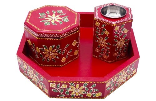 طقم صحن ومبخره وصندوق بخور سداسي احمر