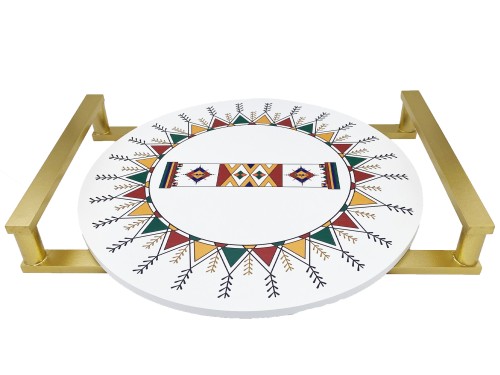 صينية تقديم خشب دائري نقشة القط العسيري