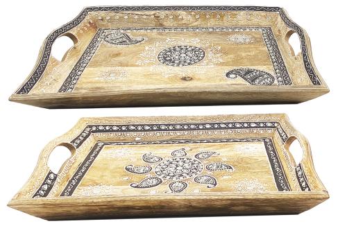 صينية تقديم خشب مستطيل نقش يدوي بارز