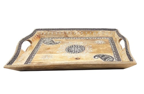 صينية تقديم خشب مستطيل نقش يدوي بارز