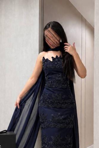 Navy blue dress with delicate embroidery distributed elegantly