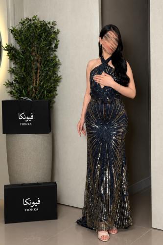 فستان نوفي قماش سهره خرز مع ترتر